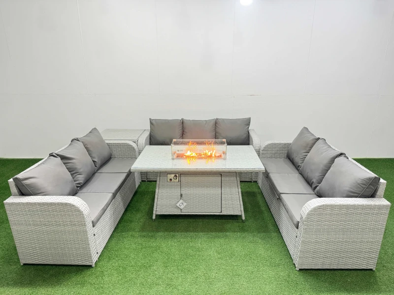 Image of Fimous PE Rattan Lounge Sofa Set 9 Seater Outdoor Garden Furniture Set with Firepit Dining Table 3 Seater Sofa Side Table Light Grey Light Grey