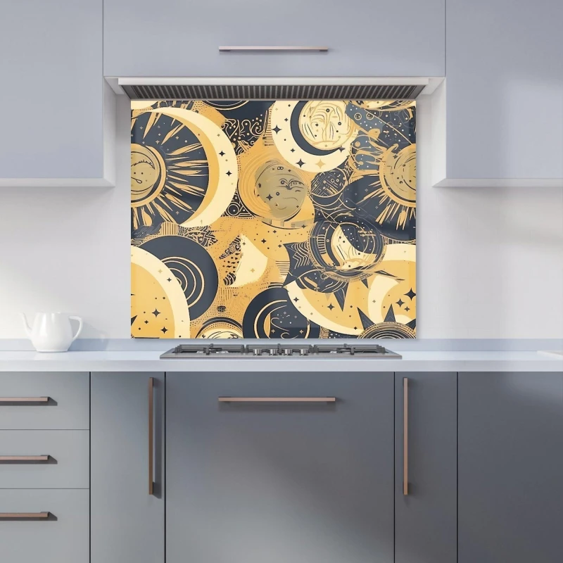 Image of Warren Reed - Designer Blue Gold Moon & Sun Kitchen Splashback in Yellow Size: 900mm x 750mm Yellow Unisex 900mm x 750mm
