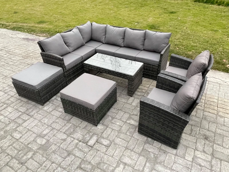 Image of Fimous Rattan Garden Furniture Sets High Back Corner Sofa Oblong Coffee Table Set with 2 Big Footstool 2 Armchairs Dark Grey Mixed Dark Grey Unisex