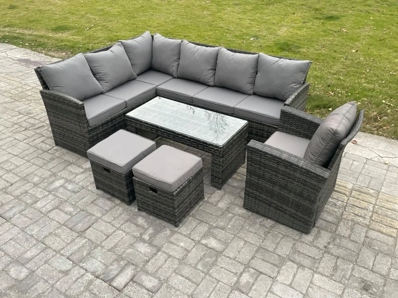 Image of Fimous 9 Seater Outdoor Rattan Garden Furniture Set Corner Sofa Oblong Coffee Table Sets with Patio 2 Small Footstools Armchair Dark Grey Mixed Dark G