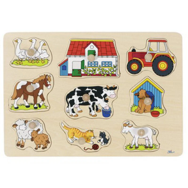 Image of Goki Lift-Out Wooden Puzzle Farm Animals - Tractor Horse Ducks Cat