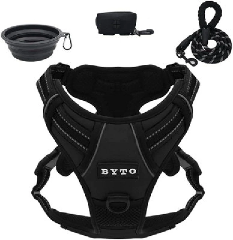 Image of 1000 Mile 1000 Mile BYTO No Pull Harness Set Reflective Strips 5ft Dog Lead Medium Black One Size Unisex 0761371963058