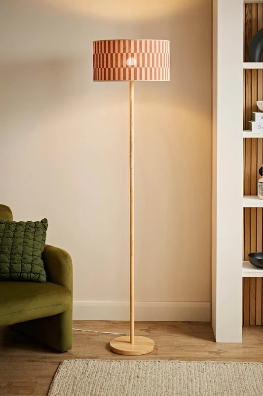 Image of ValueLights ValueLights Heather Light Wood Floor Lamp and Orange Checker Bamboo Drum Shade in Pale Orange Pale Orange One Size Unisex 5059406067655