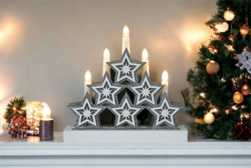 Image of Xmas Haus Natural Wood 5 LED Light Up Christmas Candle Arch with Stars Battery Operated 26cm ELV-458527