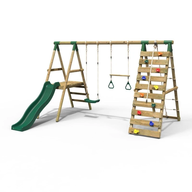 Image of Rebo Wooden Swing Set with Trapeze, Climbing Wall and Slide - Jasper Green Green