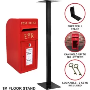 Image of Royal Mail Post Box with Floor Stand er Cast Iron Wall Mounted Wedding Authentic Pillar Replica Lockable Post Office Letter Box Red - Red