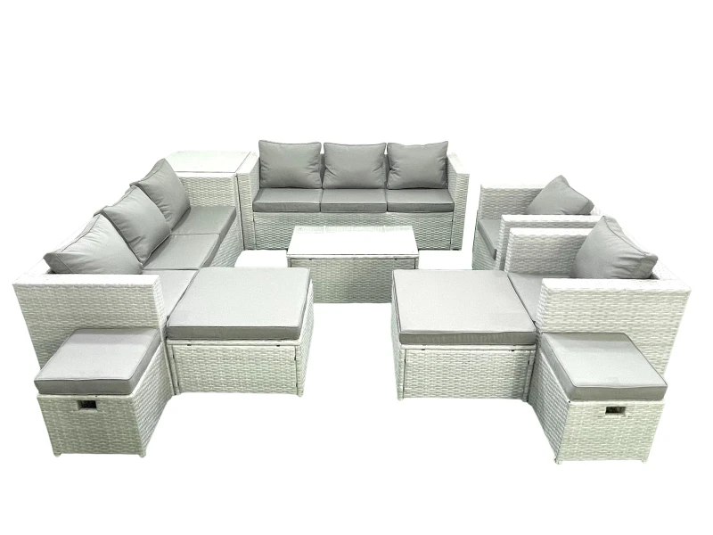 Image of Fimous 10 Pieces Rattan Garden Furniture Set Outdoor Garden Sofa Chair Coffee Table Set with 4 Footstools Side Table Light Grey Mixed Light Grey