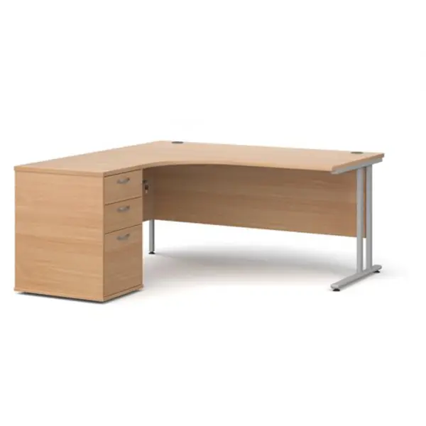 Image of Office Desk Left Hand Corner Desk 1600mm With Pedestal Beech Top With Silver Frame Maestro 25