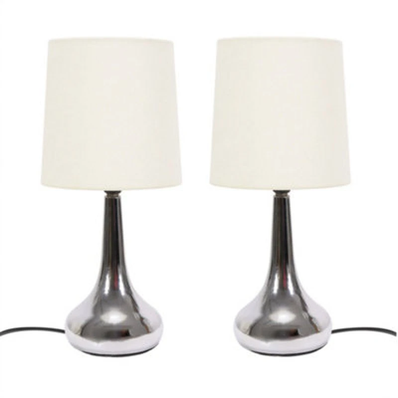 Image of ValueLights Teardrop Pair of Chrome Touch Table Lamps with Fabric Shade Cream