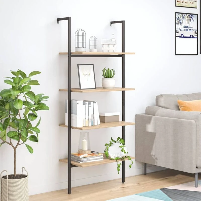 Image of Vidaxl 4-tier Leaning Shelf Light Brown And Black 64X35X152.5 Cm, Brown 336382