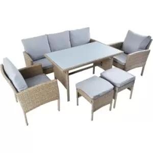 Image of 7 Seater Wicker Set of Light Brown Rattan Sofa, Table, 2 Chairs, 2 Stools For Indoor Outdoor Garden Furniture Patio Conservatory