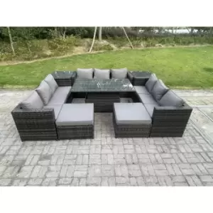 Image of Fimous 9 Seater Dark Grey Outdoor Wicker PE Rattan Dining Sofa Complete Set with Adjustable Table, 2 Side Tables and 2 Footstools