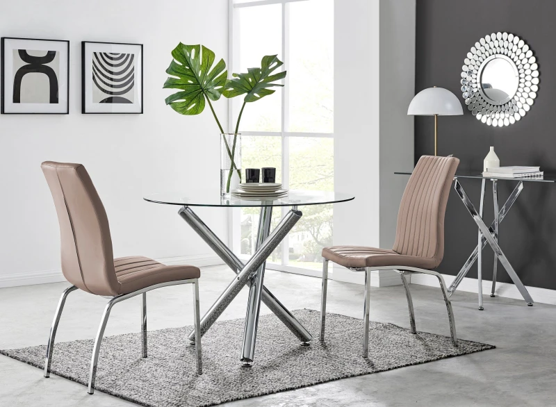 Image of FurnitureboxUK FurnitureboxUK Selina Round Glass Chrome Leg Dining Table and Isco Chairs in Beige Size: 4 Person Beige 4 Person Unisex 5056542656286