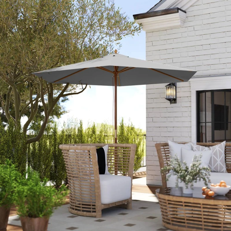 Image of Outsunny 2.5m Wood Garden Parasol Sun Shade Outdoor Wooden Umbrella Canopy, Grey 84D-056V00LG