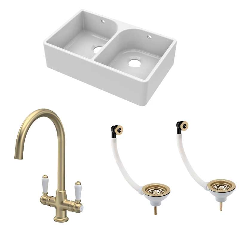 Image of Balterley Double Bowl Fireclay Kitchen Sink Tap Wastes Brushed Brass 795mm Bronze