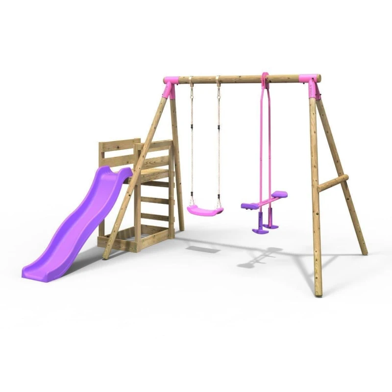 Image of OutdoorToys Wooden Double Garden Swing Set with Glider & Slide for Kids - Star Pink Pink Unisex