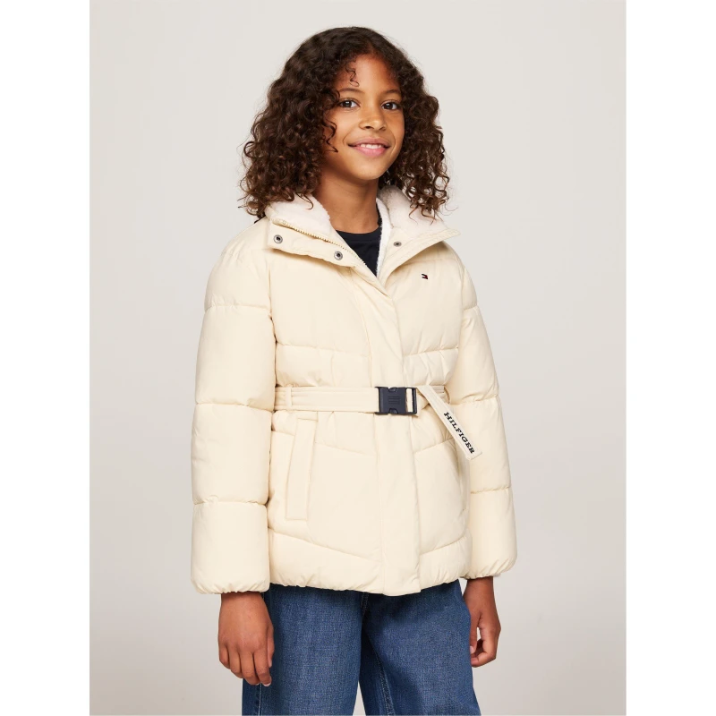 Image of Tommy Hilfiger Kids Teddy Collar Belted Wind Resistant Long Sleeve Oversized Fit Short Puffer Jacket Ivory AEX female 12Y