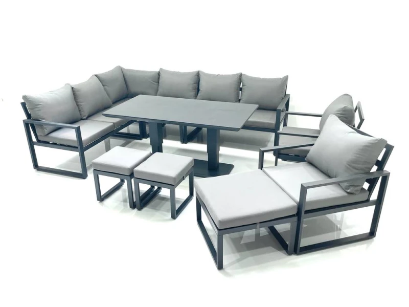 Image of Fimous Aluminum Outdoor Garden Furniture Set Corner Sofa 2 Chair 3 Footstools Adjustable Rising Lifting Dining Table Sets Dark Grey Dark Grey Unisex
