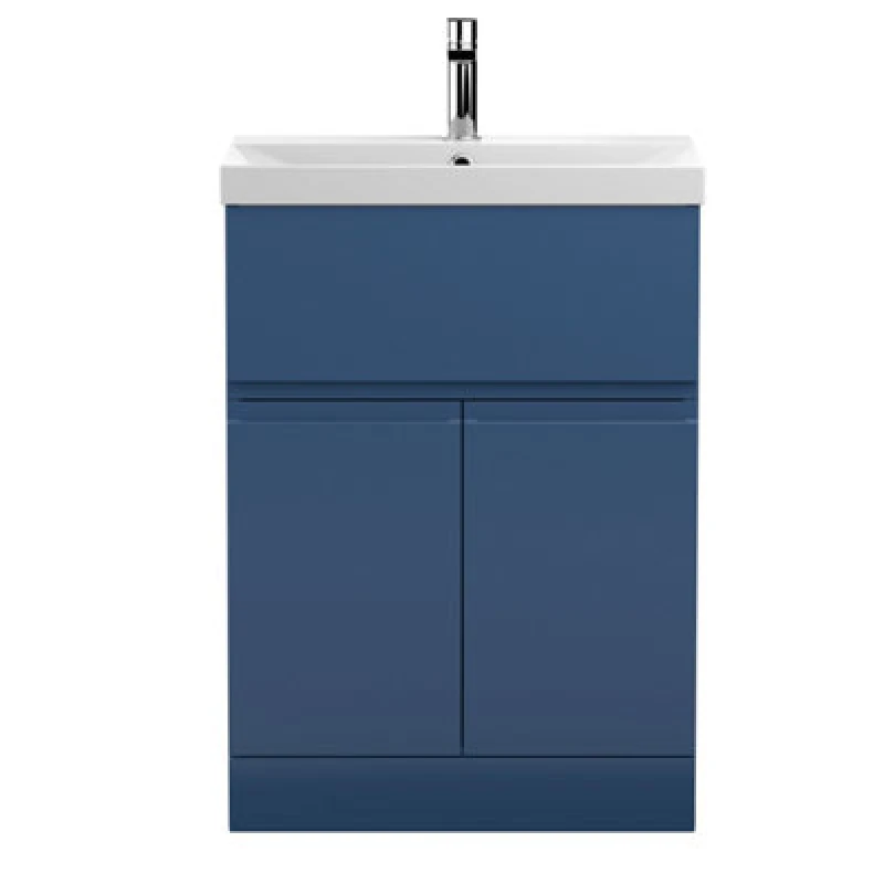 Image of Nuie Hudson Reed Urban Floor Standing 2 Door 1 Drawer Vanity Unit With Thin-Edge Basin, Modern Vanity Unit In Satin Blue, 600mm