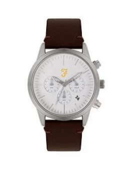 Image of Farah White And Silver Detail Chronograph Dial Brown Leather Strap Mens Watch