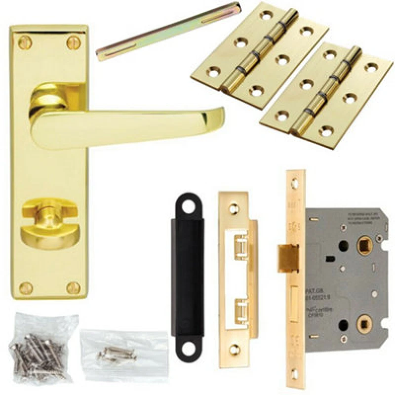 Image of Loops Door Handle & Bathroom Lock Pack Brass Victorian Flat Thumb Turn Backplate Metallics