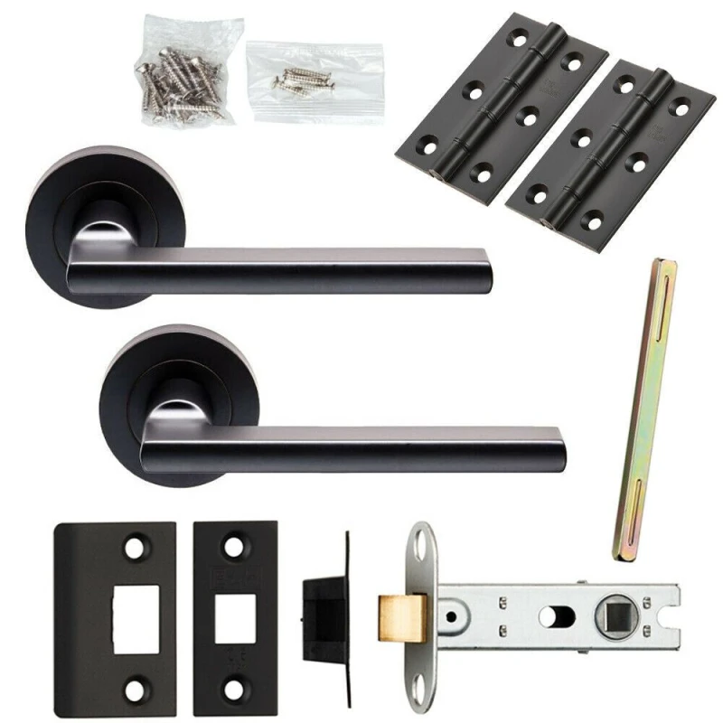 Image of Loops Door Handle & Latch Pack Matt Black Plinth Mounted Bar Screwless Round Rose Black