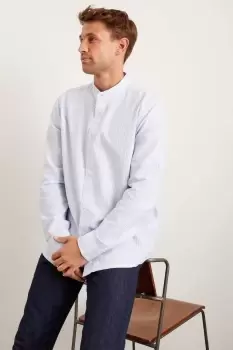 Image of Blue Long Sleeve Plus And Tall Stripe Grandad Oxford Shirt