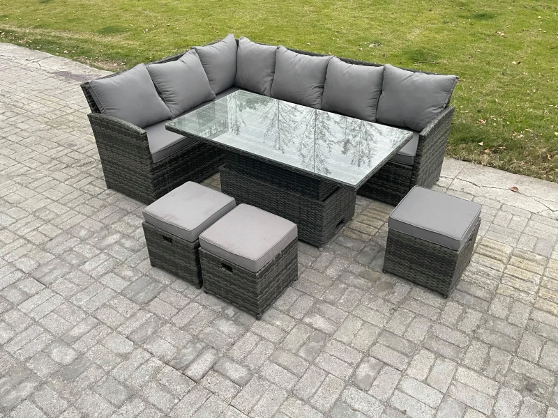 Image of Fimous Wicker PE Outdoor Rattan Garden Furniture Set Height Adjustable Rising Lifting Table Sofa Dining Set with 3 Small Footstools Dark Grey
