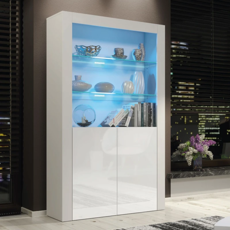 Image of Mex Furniture LTD Display Cabinet with LED Lights & Gloss Doors / 170cm White