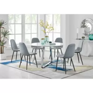 Image of Furniture Box Santorini White Round Dining Table and 6 Grey Corona Black Leg Chairs