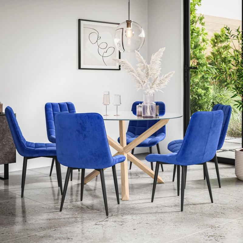Image of More4Homes Malvern Round Dining Table And Chairs - Clear Glass Table Top W Solid Oak Legs + Nova Velvet Dining Chair Set Of 6 (Blue)