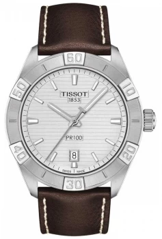 Image of Tissot PR100 Sport Silver Dial Brown Leather Strap Watch