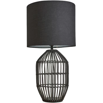 Image of Matt Black Rattan Table Lamp With Fabric Lampshade - Black - No Bulb