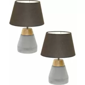 Image of 2 pack Table Lamp Base Brown Wood & Grey Concrete Shade Brown Fabric E27 1x60W