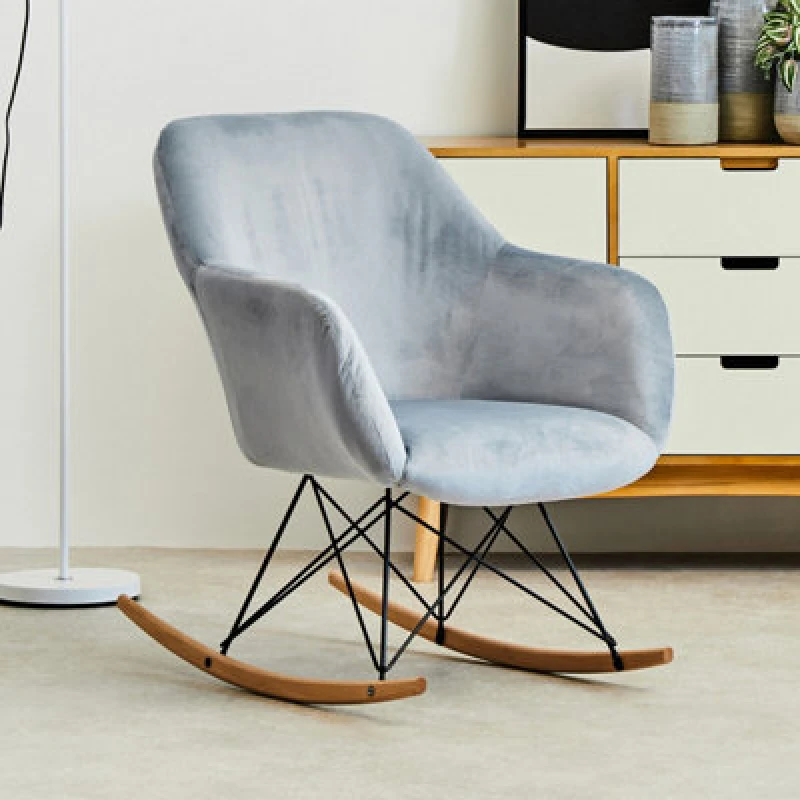 Image of Orsina Small Blue Velvet Rocking Chair, Comfortable Velvet Desk Chair, Backrest Velvet Armchair, Accent Armchair
