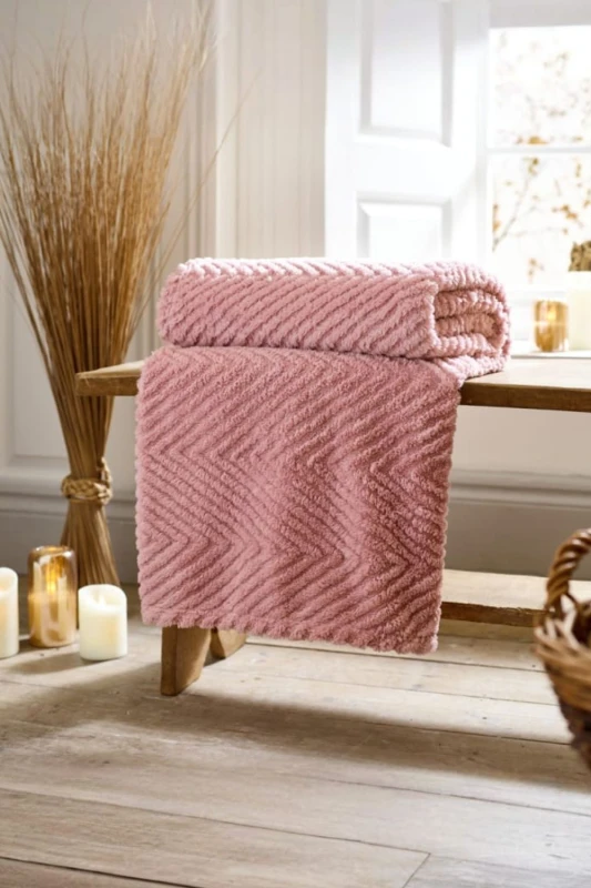 Image of Deyongs Deyongs Hemsworth Chevron Fleece Throw Blanket Super Soft Warm & Cozy 130x170cm in Pink Size: 130cm x 170cm Pink 130cm x 170cm Unisex 505499