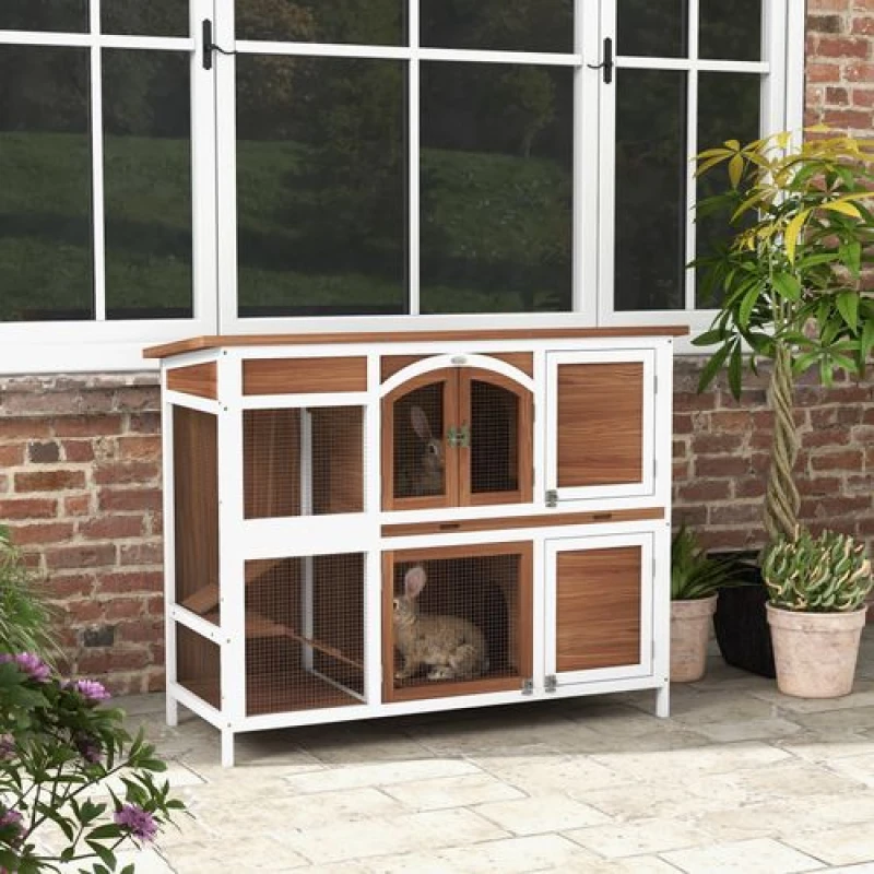 Image of PawHut PawHut Two-Tier Wooden Rabbit Hutch w/ Openable Roof, Slide-Out Tray, Ramp - Brown