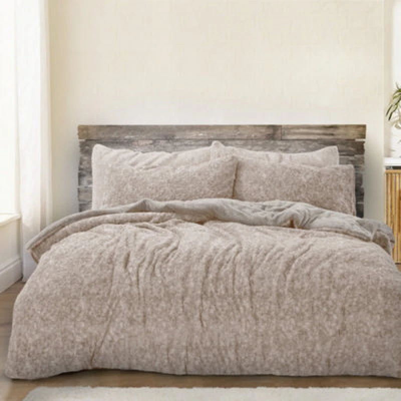 Image of Velosso Teddy Marl Warm & Cosy Duvet Cover & Pillowcase Set in Natural Size: Double Natural Unisex Double