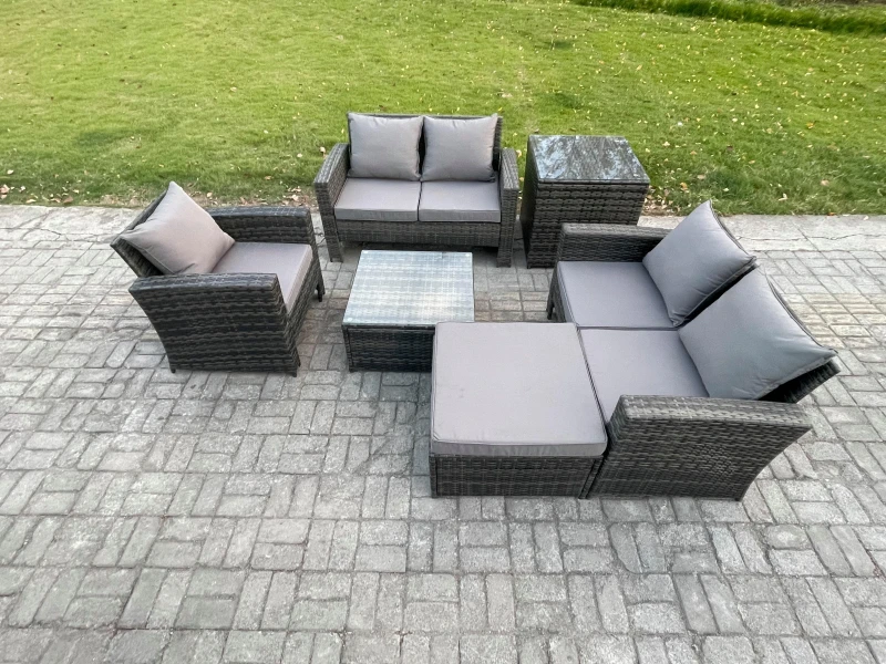 Image of Fimous Outdoor Rattan Garden Furniture Set Conservatory Patio Sofa Coffee Table Set with Chair Big Footstool Side Table Dark Grey Mixed Dark Grey Unis