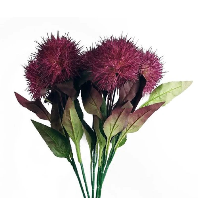 Image of Leaf Pack of 6 x 70cm Globe Thistle Purple Ball Artificial Flower Stem