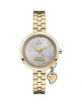 Image of Vivienne Westwood Vivienne Westwood Bow Silver Dial With Gold Orb Charm Gold Stainless Steel Bracelet Watch