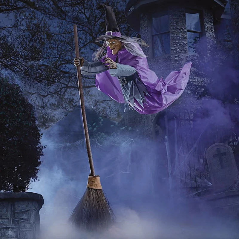 Image of Home Accents Holiday 12ft Giant Animated Hovering Halloween Witch with Broomstick and LEDs