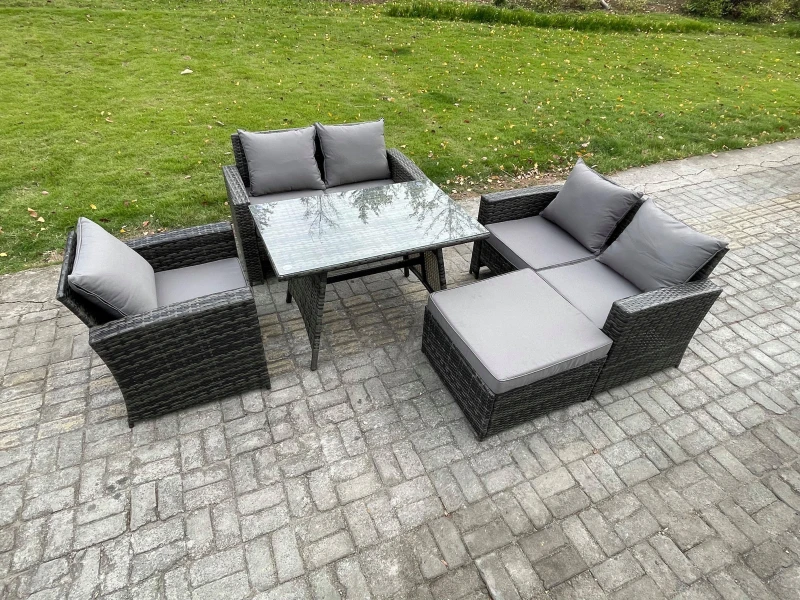 Image of Fimous 6 Seater Wicker PE Rattan Garden Dining Set Outdoor Furniture Sofa with Rectangular Dining Table Double Seat Sofa Big Footstool in Dark Grey Da