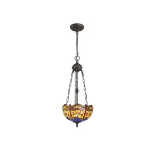 Image of 2 Light Uplighter Ceiling Pendant E27 With 30cm Tiffany Shade, Blue, Orange, Crystal, Aged Antique Brass