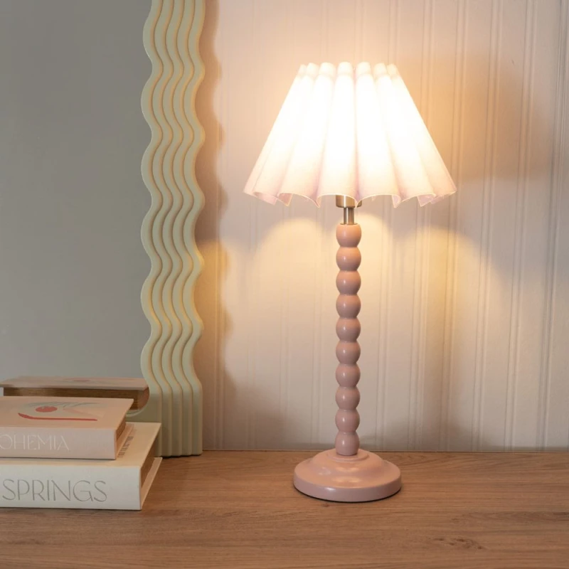 Image of ValueLights ValueLights Bobbins Painted Rose Table Lamp with Scallop Tapered Lamp Shade in Lilac Lilac One Size Unisex 5059406056260