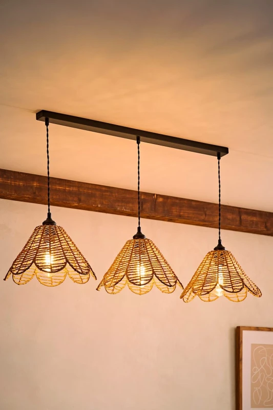 Image of ValueLights ValueLights Vine Rattan Flower Shade 3 Drop Matte Black Diner Ceiling Pendant Light & Bulbs in Natural Natural One Size Unisex 50594060635