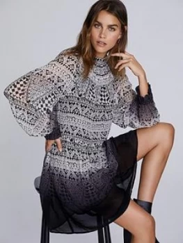 Image of Mint Velvet Reagan Print Dip Dye Smock Detail Mini Dress - Stone, Size 6, Women