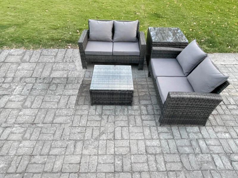 Image of Fimous Rattan Garden Furniture Set 4 piece Patio Rattan Furniture Sofa Weaving Wicker includes 2 Double Seat Sofa, Coffee Table & Side Table Dark Grey