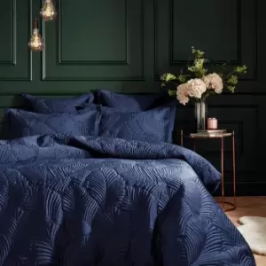 Image of Paoletti Palmeria Velvet Quilted Duvet Cover Set (Single) (Navy)