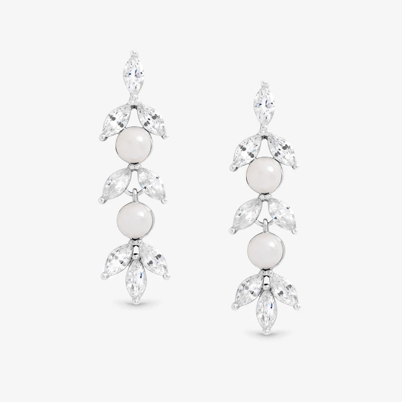 Image of Jon Richard Rhodium Plated Pearl Crystal Leaf Drop Earrings Silver female One Size